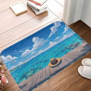 Tropical Ocean Scenery Bath Mat - Straw Hat & Blue Sea Printed, Non-Slip, Absorbent, Quick-Dry Soft Fabric, Ideal for Coastal Bathroom Decor & Nautical Themed Bedroom Interior Decoration