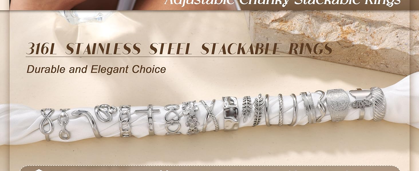 LOLIAS 16Pcs Stackable Stainless Steel Rings for Women Chunky Silver Rings Non Tarnish Ring Open Adjustable Thumb Finger Statement Ring Set Accessories Gifts for Women Girlfriend