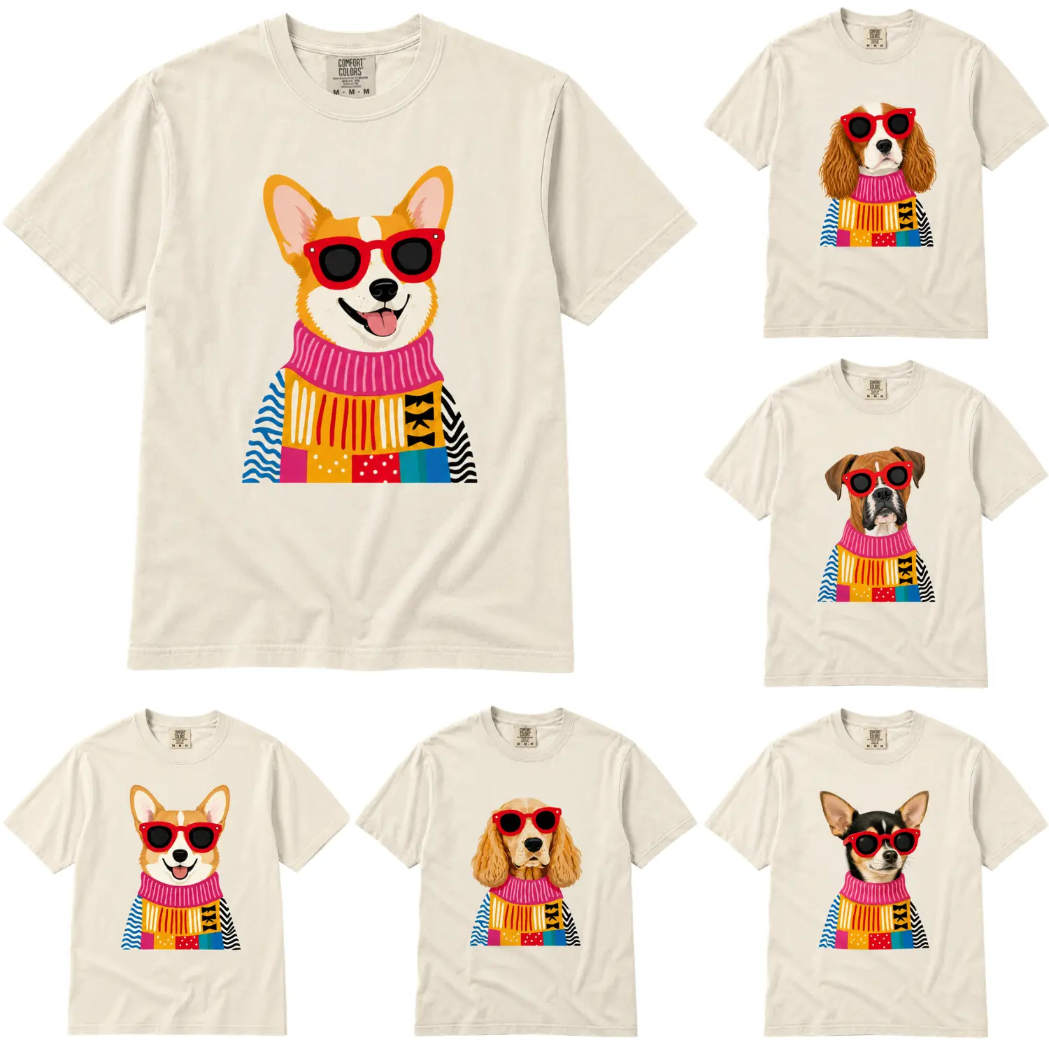 Comfort Colors 50+ Dog Breeds Women's T-Shirt with Dog Sunglasses Graphic | Smooth Lightweight 100% Combed Cotton | Short Sleeve Style, Made in USA Top Womenswear Tshirts