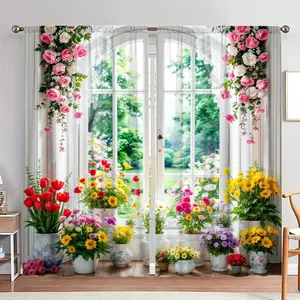 Floral Pattern Door Curtain, 1 Set Window Curtain with Random Color Hooks, Home Decor for Living Room Bedroom Garden, Home Decoration Curtain