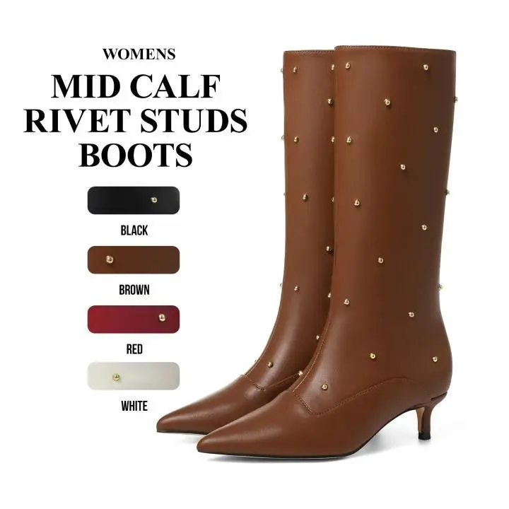 CYNLLIO Mid Calf Boots Women Pointed Toe Kitten Heel Tall Boot with Rivets Studs Pull On Boots for Festival Party Summer