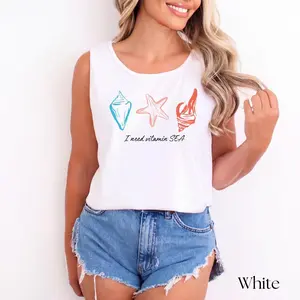 Comfort Colors I Need Vitamin SEA Tank Top, Beach Seashell Starfish Ice Cream Graphic Tee, Funny Summer Vacation Shirt, Coastal Ocean Pun Top