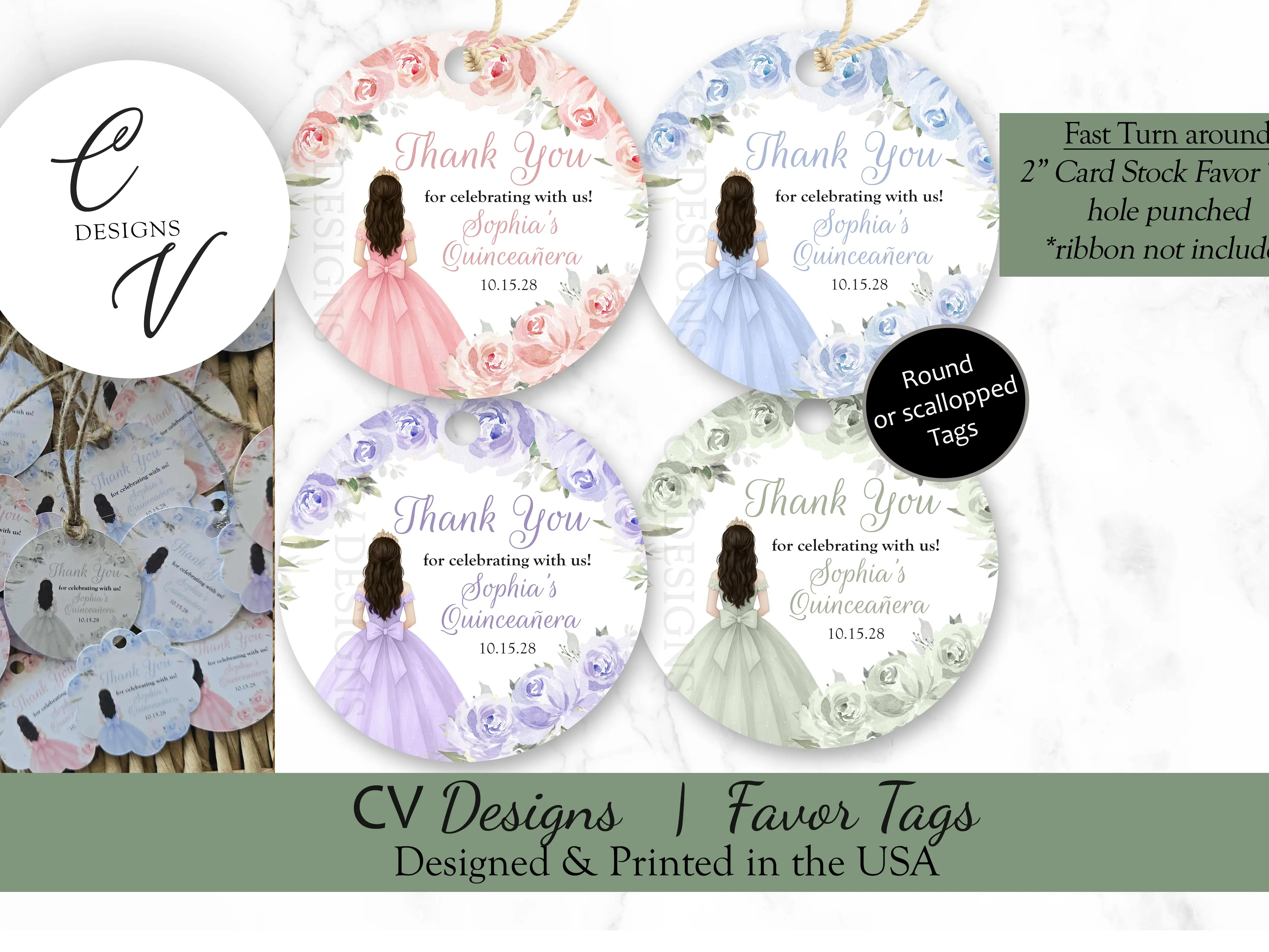 Quinceanera Cardstock Favor Tags 2 Inches Round or Scalloped