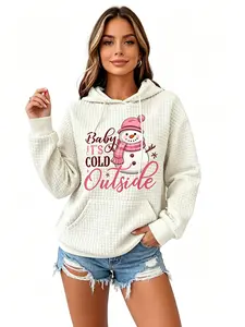 Women's Christmas Cartoon Snowman Print Hoodie, Soft Waffle Knit Long Sleeve Pocket Sweatshirt, Casual Relaxed Fit Pullover