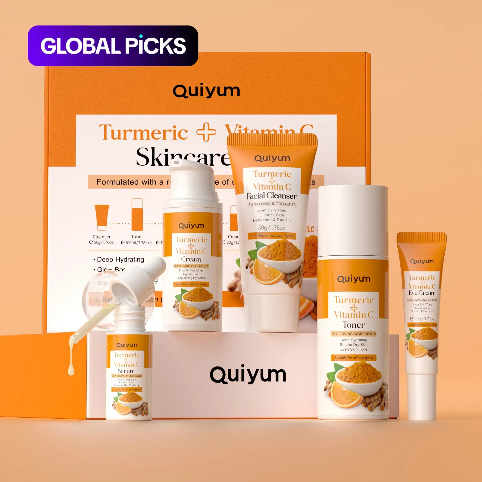 Turmeric Skincare Set (5 Counts/set), Facial Cleanser, Toner, Cream, Eye Cream and Serum, Face Care Kit, Hydrating Moisturizing Skin Care Kit for Women and Men #GLOBAL PICKS