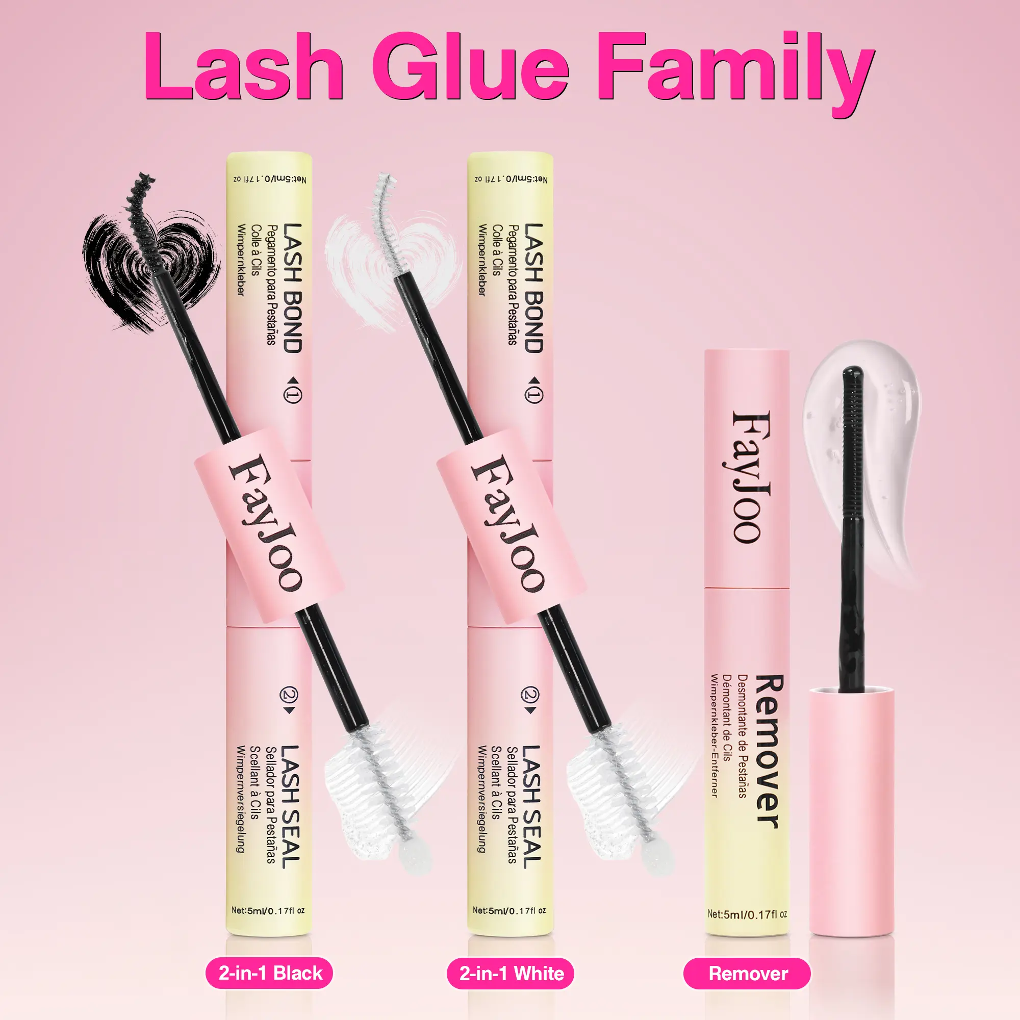 FayJoo Lash Bond and Seal with Remover Kit for Cluster & False Eyelashes, 7-Day Waterproof Hold for Sensitive Skin, Quick Dry, Smudgeproof & No Clumping Formula (5ml Each), False Eyelashes & Adhesives, Hypoallergenic, Liquid, Long-Lasting, Lash Clusters A