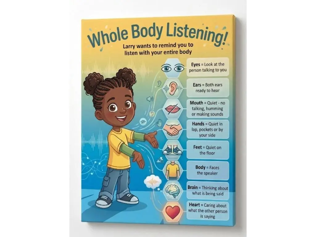 Whole Body Listening Educational Canvas Wall Art - Larry's Active Listening Visual Aid Chart, 8x12in Ready-to-Hang Poster for Elementary School Classroom Decor, Contemporary Abstract Neutral 'Deliberation' Wall Decor