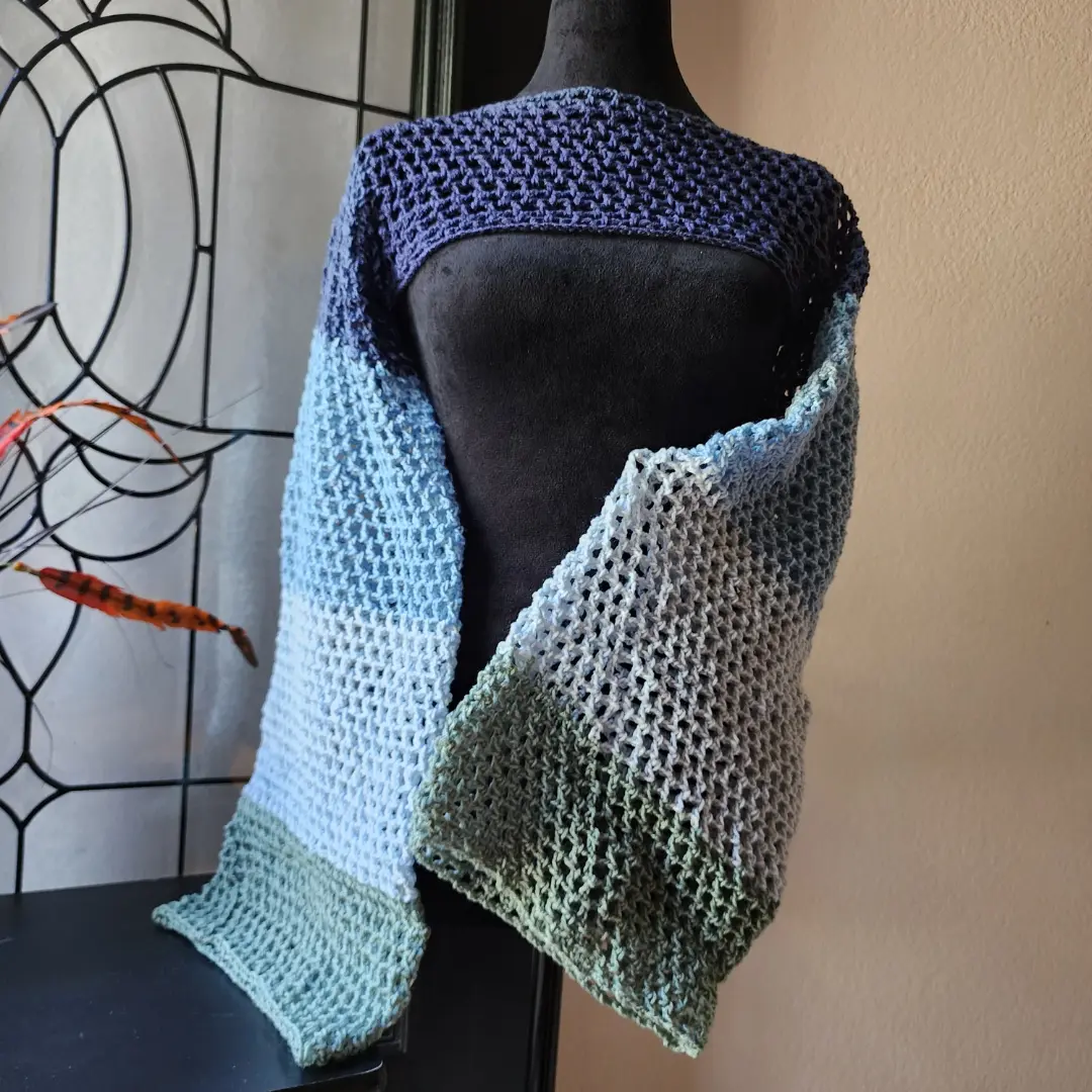 Shades of Blue Fishnet Knit Shrug Sweater with Bell Sleeves - Crochet, Womenswear