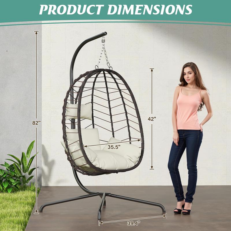 Hanging Egg Chair with Stand – Handwoven Rattan Patio Swing with Cushion, 350lb Capacity – Indoor/Outdoor Chic for Patio, Garden & Poolside