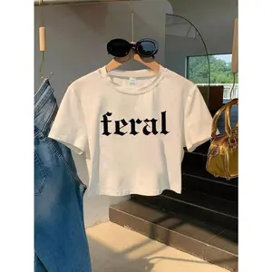 Feral Gothic Letter Graphic Crop Tee Women Trendy Streetwear Y2K Tee Soft Cotton Crewneck Short Sleeve Summer Casual Going Out Top