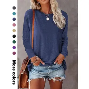 Women's Plain Round Neck Tee, Casual Long Sleeve Crew Neck T-shirt for Spring & Fall, Fashion Women's Top for Daily Wear