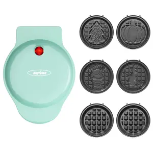 Sunvivi 4" Mini Waffle Maker: 6 in 1 Waffle Iron with 6PC Nonstick Removable Plates Set (Santa Claus, Christmas Tree, Witch & Pumpkin), Perfect Mini Waffle Maker for Kids and Families, Light Blue
