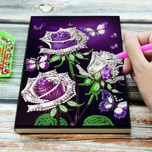 DIY Rhinestone Art Butterfly Flower Rose Pattern Notebook, Faux Leather Craft for Writing Drawing Notes, Perfect as Holiday Gift