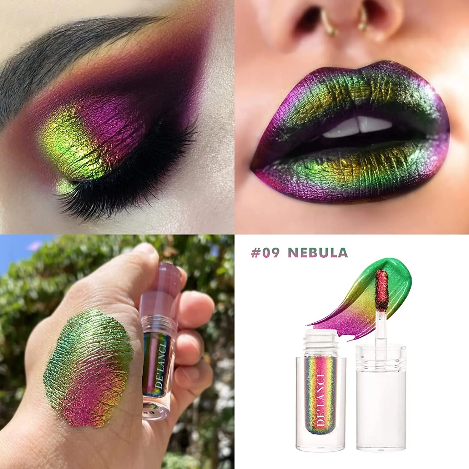 DE'LANCI Chameleon Metallic Liquid Eyeshadow, Intense Duochrome Shifting Eyeshadow, Long-Lasting with No Crease, Sparkly Highly Pigment Eyeshadow, 1.6G (#09 NEBULA)