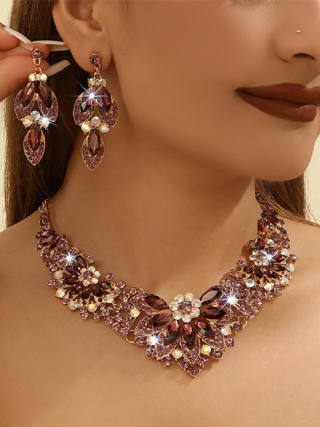 Vintage Crystal Flower Necklace Earrings Jewelry Set for Women, Party Wedding Holiday Wear, Casual Style, All Seasons