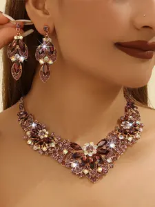 Vintage Crystal Flower Necklace Earrings Jewelry Set for Women, Party Wedding Holiday Wear, Casual Style, All Seasons