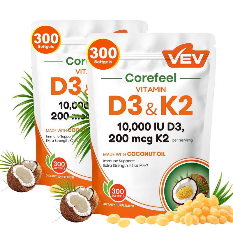 VEV 2-in-1 Vitamin Supplement D3 10000 IU & K2 200 mcg with Virgin Coconut Oil 300 Softgels for Immune Support Extra Strength MK-7