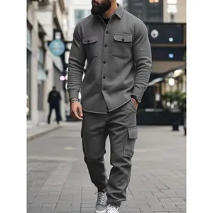 Men's lapel jacket and work pants two-piece set - buttoned long-sleeved jacket and multi-pocket drawstring long pants. A casual tactical military style suit, suitable for urban daily wear and outdoor activities in autumn and winter