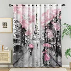 Paris Romantic Cherry Blossom Curtains, Includes 2 Pieces, Eiffel Tower, Romantic Street Scene, Perfect for Bedroom and Living Room Decor