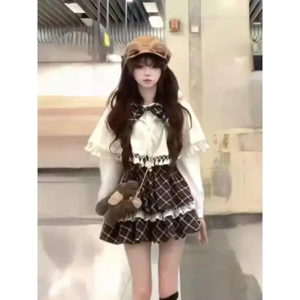 Vintage Lolita Preppy Style Sweet 2 Piece Set Women Design Doll Collar Plaid Long Sleeve Dress + Cape Harajuku Chic Outfits