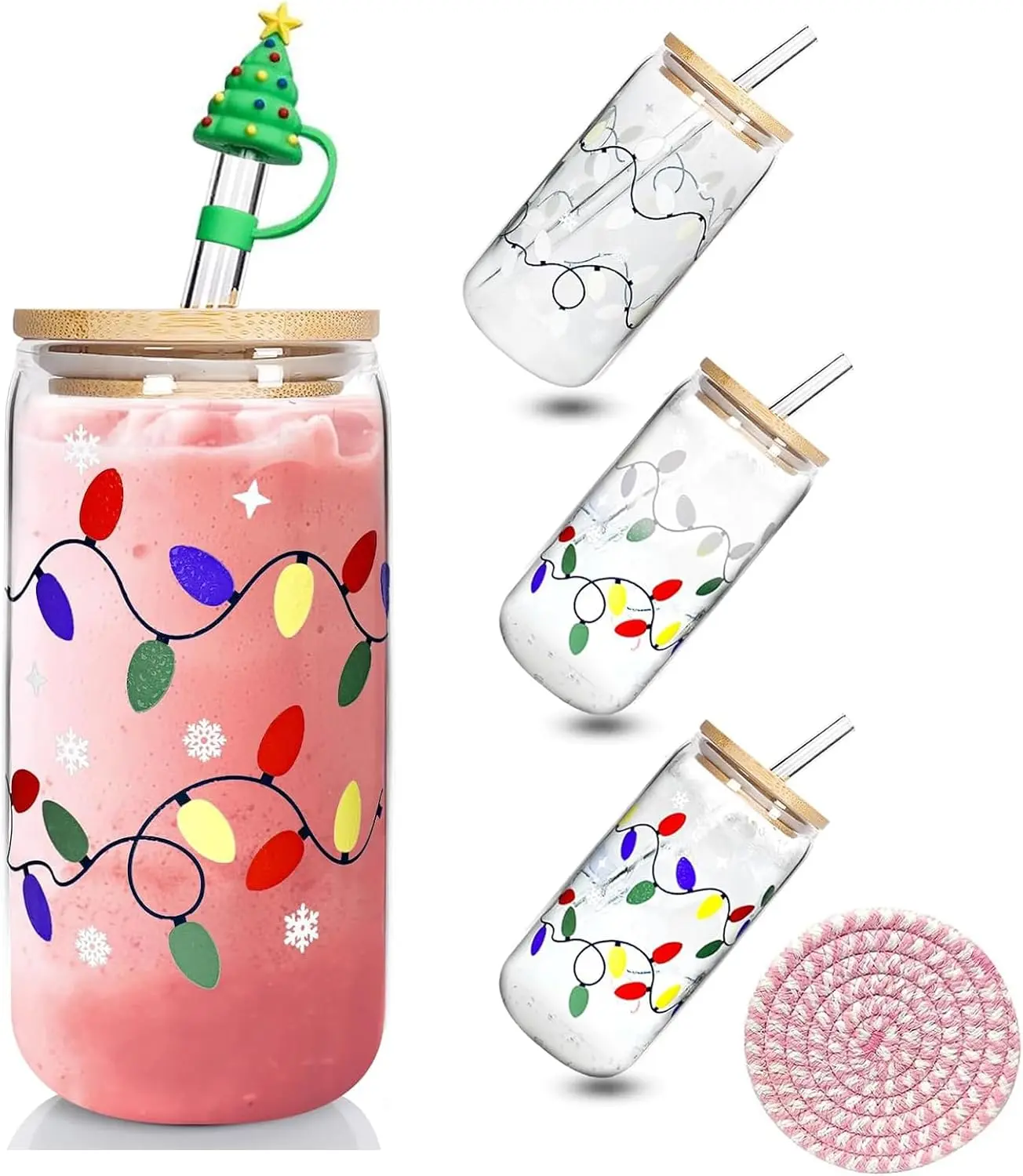 18oz Color Changing Christmas Cup, Cute Glass Cups with Lids and Straws | Iced Coffee Cup, Drinking Glasses Reusable Travel Coffee Mug, Galentines, Birthday Gift for Her- 1 Pack