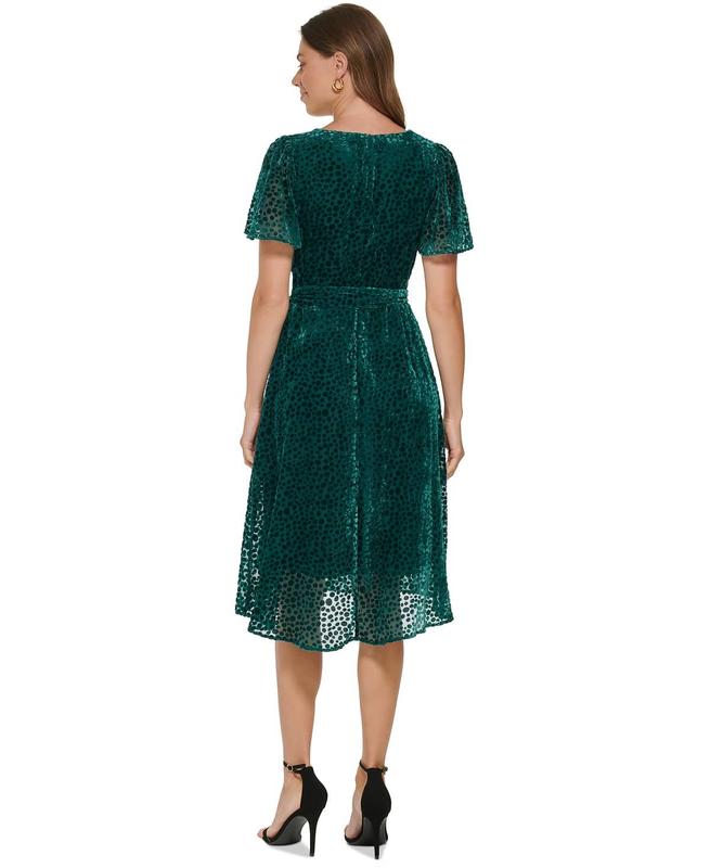 DKNY Women's Green Burnout Velvet Flutter-Sleeve Midi Dress