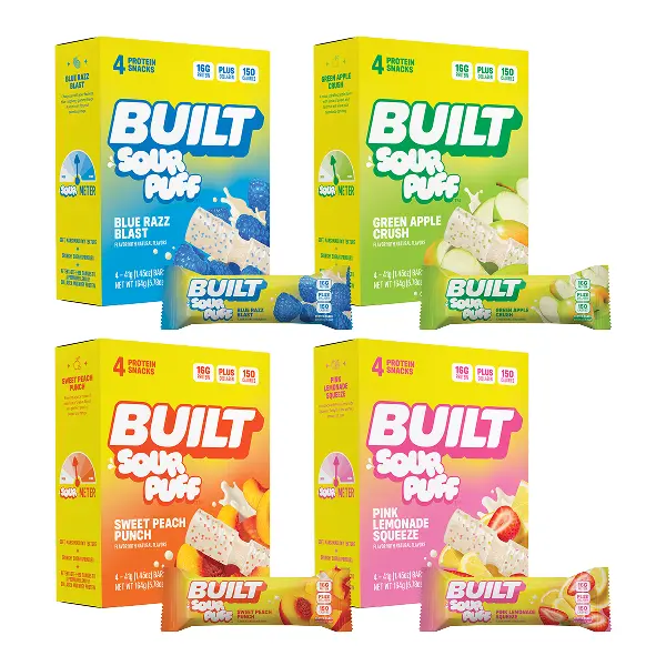 Official BUILT Bar, Sour Puff "Tart Test" Bundle Variety Pack (16 Sour Protein Bars, 4 bars in 4 flavors)