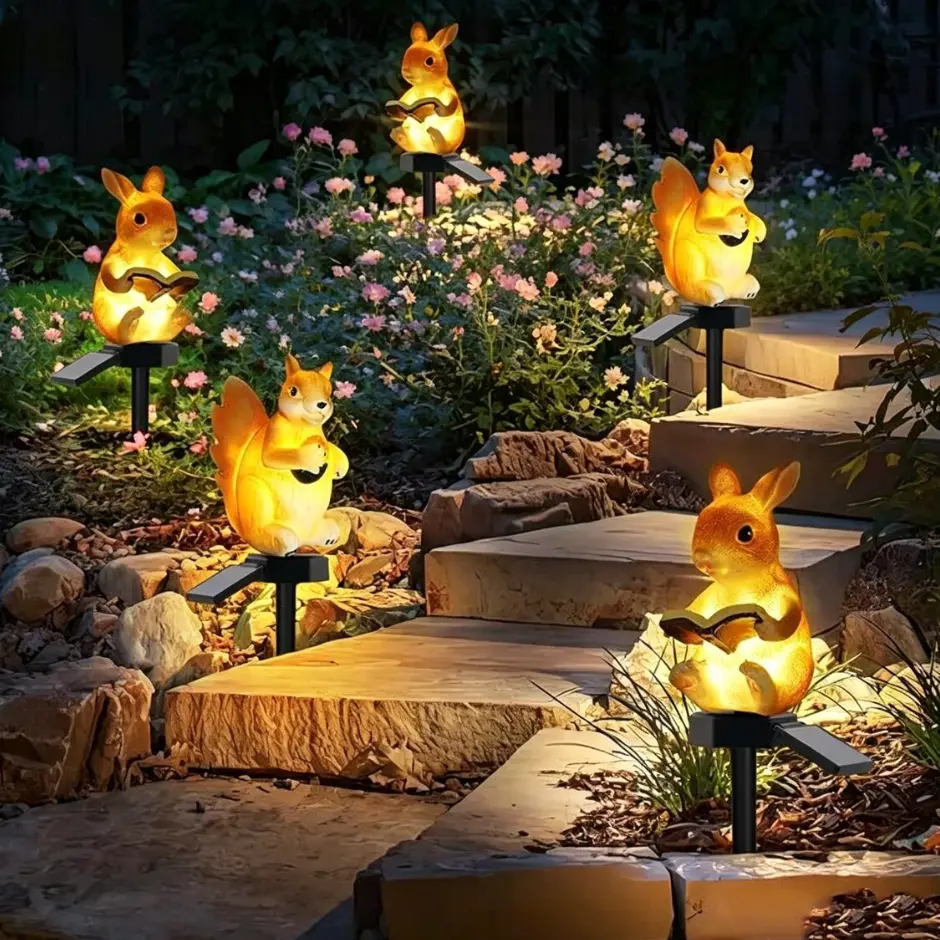 Solar Squirrel Garden Stake Lights - Cute Reading & Eating Squirrel Statue with Warm LED Glow, Waterproof Outdoor Pathway Decor, Unique Whimsical Holiday Gift for Garden & Animal Lovers