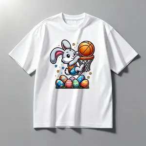 Children's T-shirts Easter Cute Basketball Bunny Washed Cotton T-Shirt - 100% Cotton Breathable Fun Easter Tee, Cartoon Bunny Dunking Basketball with Easter Eggs Graphic for Easter Sunday & Kid Style