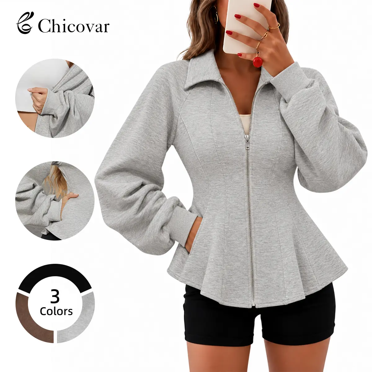 Chicovar Women's Fitted Long Sleeve Zip-Up Jacket - Ruched Sleeves, Side Pockets, Peplum Hem, Stretchy Clothes, Casual Jackets, Office Outerwear
