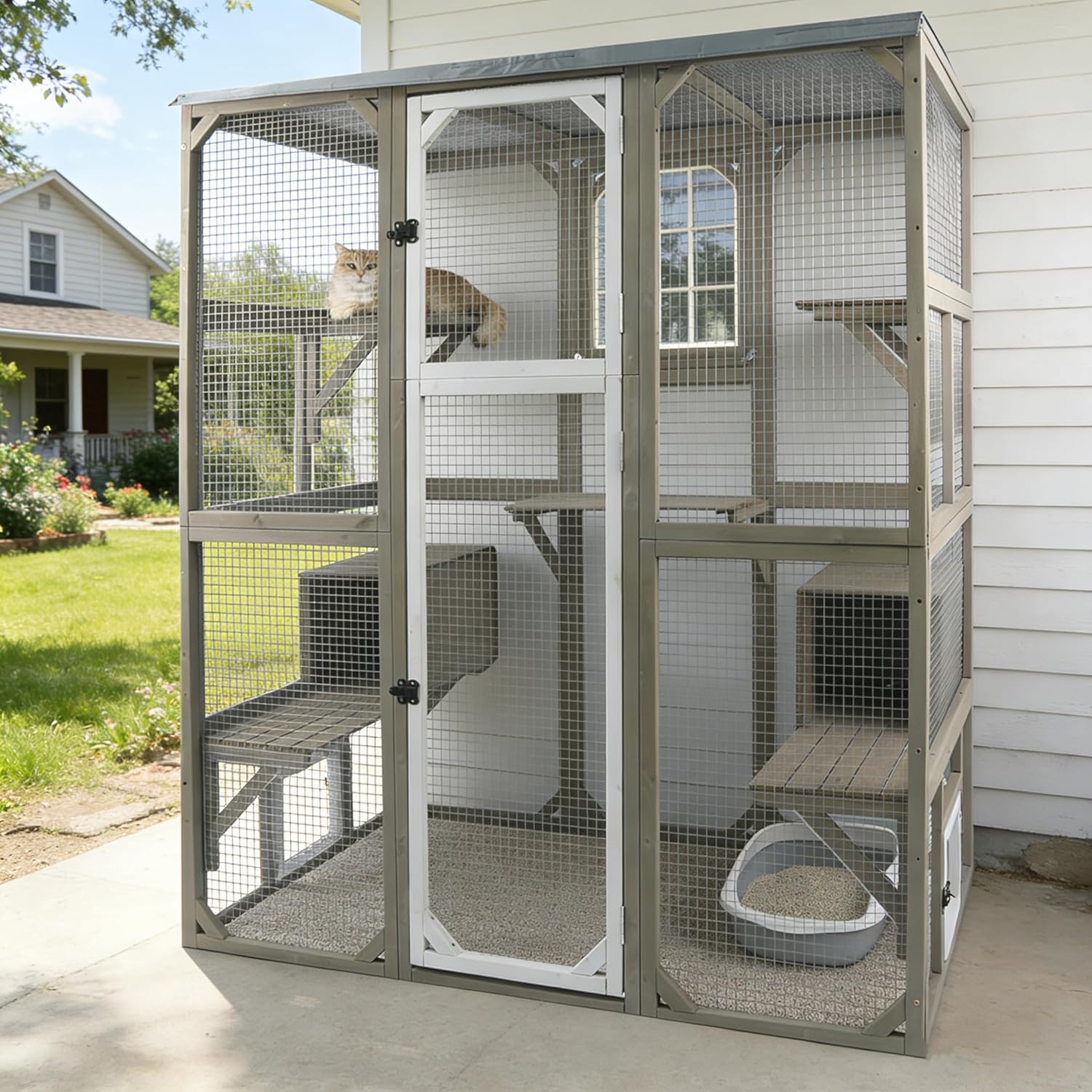 Cat Enclosure Large Window Cat House Walk in Kitty Cage with Multi-Level Platforms, Waterproof Roof for Mulitiple