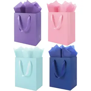 4 Pack Medium Gift Bags With Handles and 8 Tissue Paper, Size 8 X 5 X10 Inch Paper Bags for Birthday Party Baby Shower Wedding Favors or Mother's Day, Father's Day