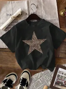 Women's Leopard Star Print Round Neck T-Shirt, Vintage Fashion Casual Short Sleeve Tee, Loose Fit Daily Wear, All Seasons Clothing