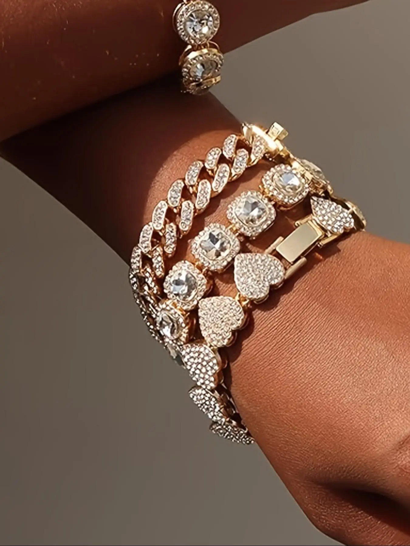 Mother's Day Gift Elegant Heart Design Rhinestone Decorated Bracelet Set, Heart Bracelets, Rhinestone Decor Bangles, Fashion Jewelry for Party, Daily Clothing, Bracelet Bundle