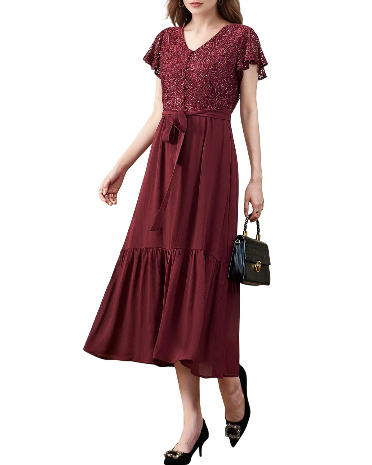Lace Wedding Guest Dress for Women Patchwork Sexy Party Dress Cocktail Hour Gown in Wine Color with Ruffled Sleeves LE-LQ020 - TikTok Shop Lace Wedding Guest Dress for Women Patchwork Sexy Party Dress Cocktail Hour Gown in Wine Color with Ruffled Sleeves LE-LQ020 - TikTok Shop