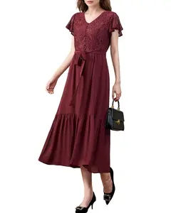 Lace Wedding Guest Dress for Women Patchwork Sexy Party Dress Cocktail Hour Gown in Wine Color with Ruffled Sleeves LE-LQ020