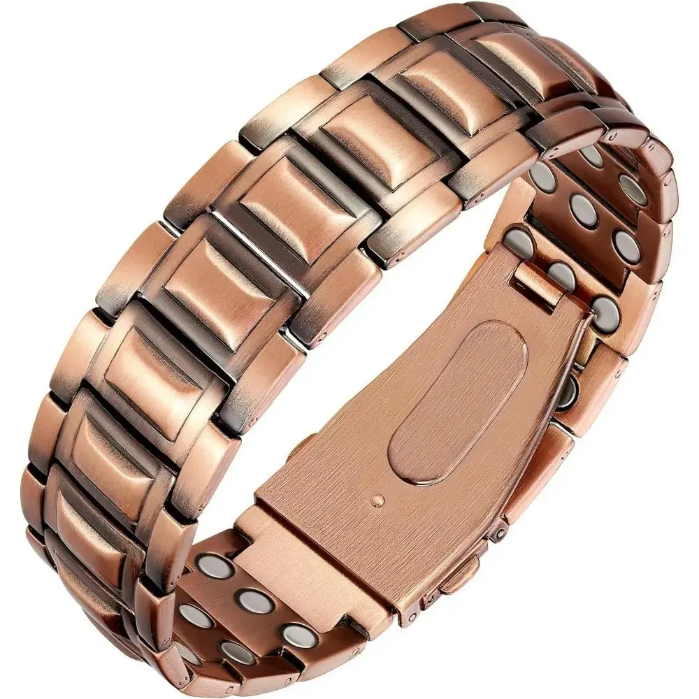 Men's Copper Magnetic Link Sporty Bracelet - Casual Modern Wristband with Unique Folding Clasp, Adjustment Tool, Daily Athletic Fashion Accessory, Male Birthday Gift