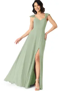 Azazie Everett A-Line V-Neck Ruffle Bow Boho Bridesmaid Wedding Guest Formal Dress