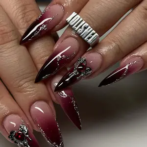 24pcs French Heart Gradient Nail Design with Diamonds, Includes Nail File and Jelly Glue, Dark Queen False Nails Set for Dates and Holidays, Stiletto Nails