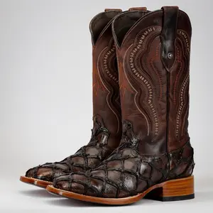 Brown Jumbo Pirarucu Print Leather Boots - Square Toe