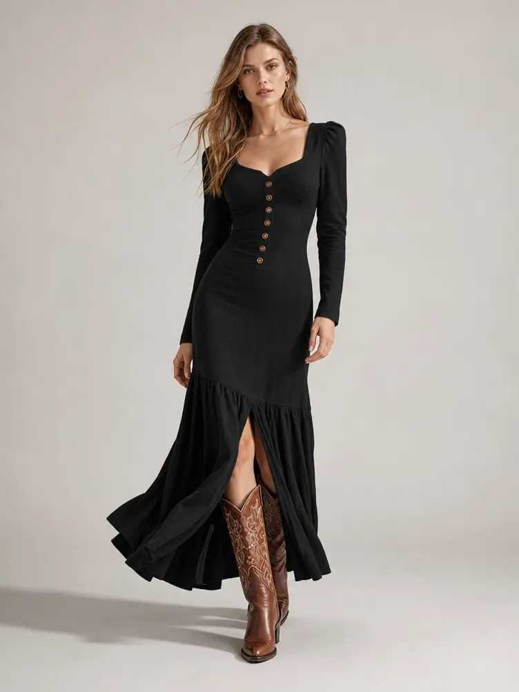 Vintage Western Sweetheart Neck Maxi Dress With Front Button Placket, Long Sleeve Fitted Waist Pleated Flared Hem Dress With High Side Slit, Retro Cowgirl Style Floor Length Dress, Elegant Slimming Long Dress Designed For Desert Travel Shots