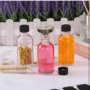 DIDITIME 24 Pack 2 oz Small Clear Glass Bottles with Lids & 4 Funnels - 60ml Boston Round Sample Bottles for Potion, Juice, Ginger Shots, Oils, Whiskey, Wellness Shots, Mini Travel Bottles