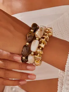 3pcs/set Vintage Resin Beaded Bracelets Set, Handmade Colorblock Design, Stackable Jewelry for Women, Casual Fashion Accessories