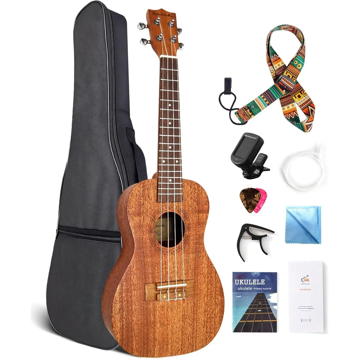 23-Inch Mahogany Concert Ukulele Kit for Beginners with Music Online Lessons, Gig Bag, Tuner, Strap, Nylon Strings, Picks, Collaborative