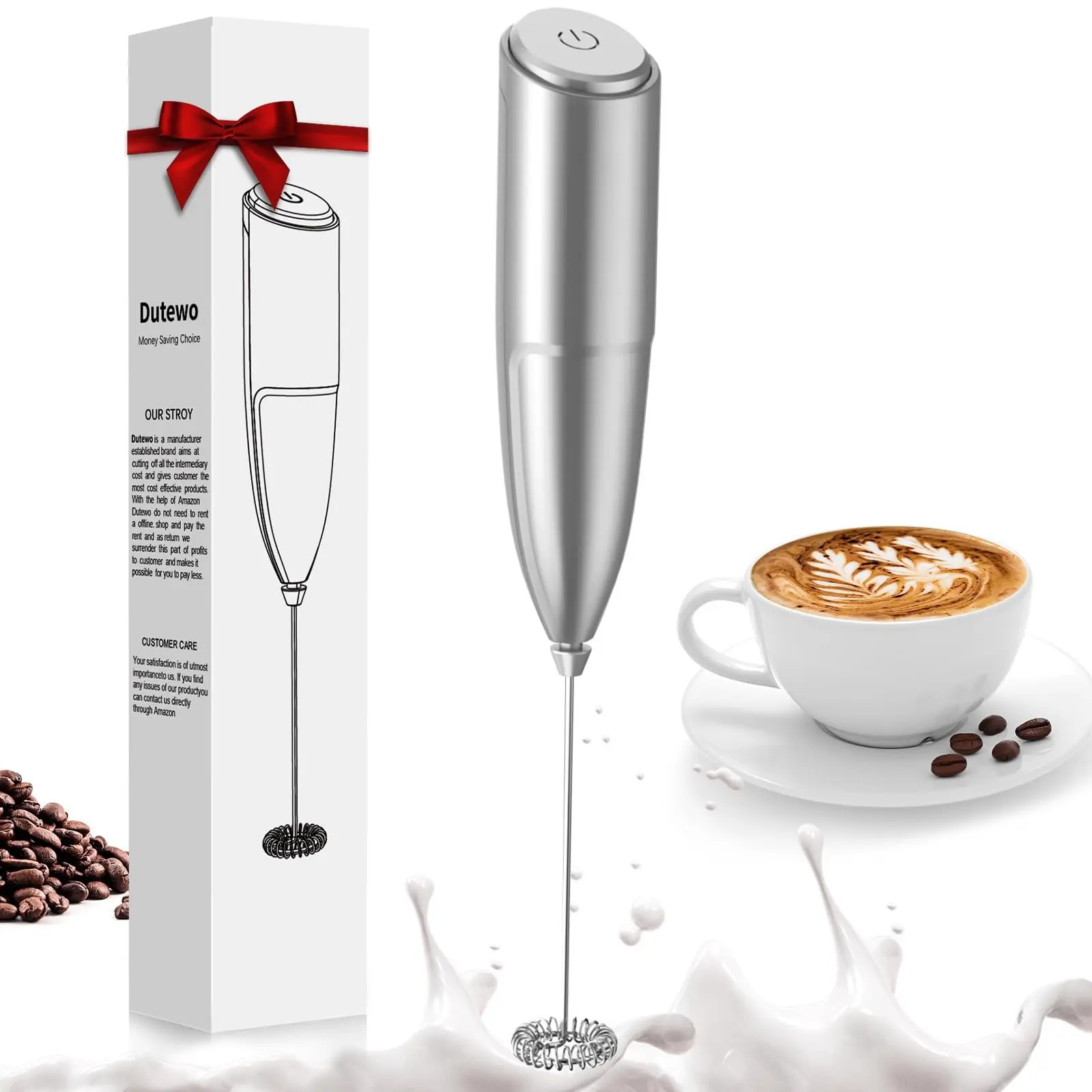 Dutewo Battery-Operated Portable Handheld Egg Whisk, Coffee Frother Mixer & Milk Foam Maker for Coffee Lattes, Cappuccino, Silver Kitchen Utensil