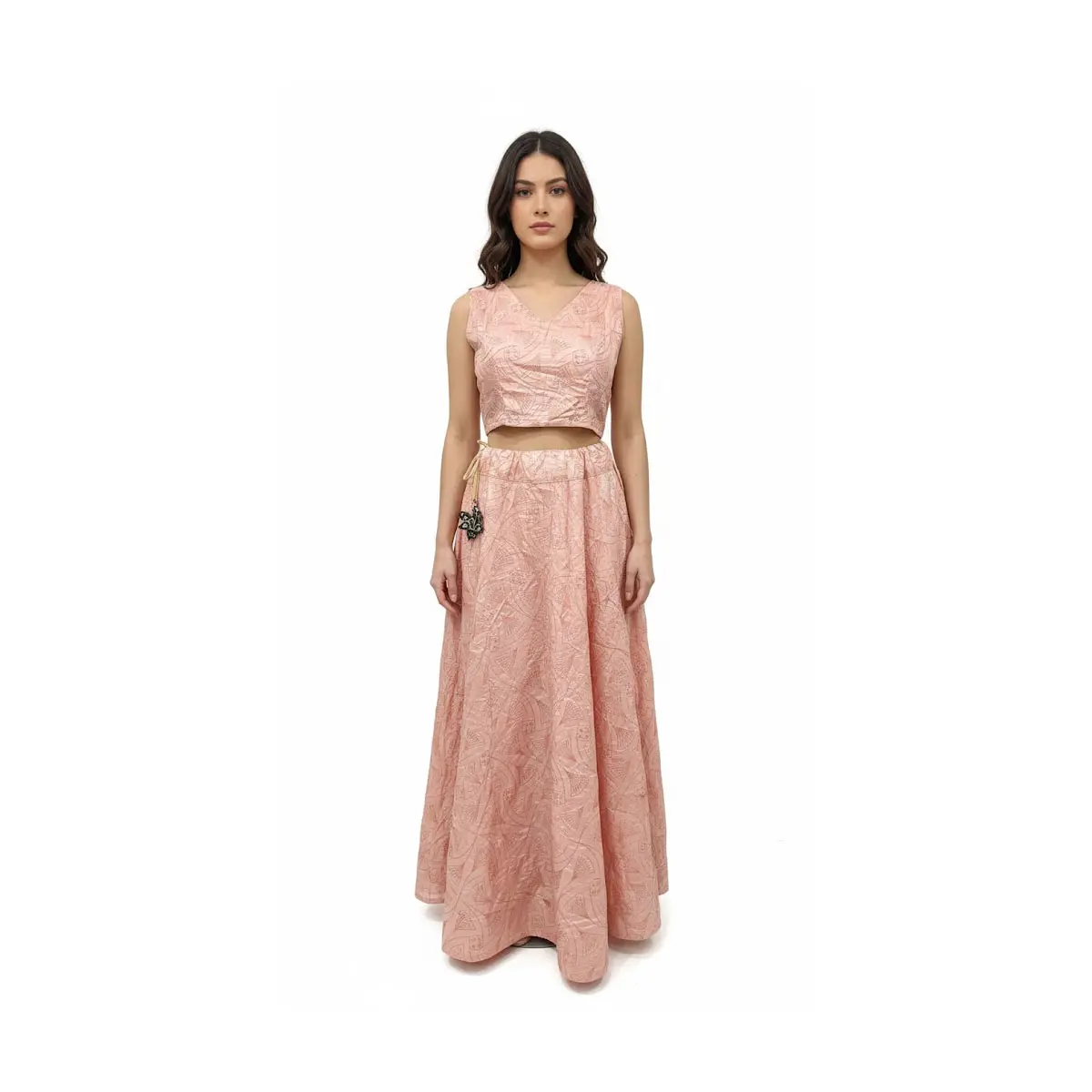 #K1 Light Pink Embroidered chiffon /silk Lehenga Choli Set V-Neck Crop Top(sleeve can be attached) & Flared Skirt