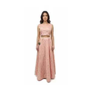 #K1 Light Pink Embroidered chiffon /silk Lehenga Choli Set V-Neck Crop Top(sleeve can be attached) & Flared Skirt
