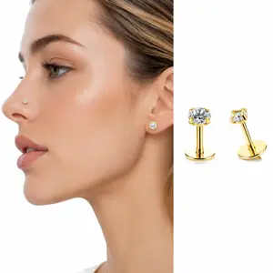 SmileBelle Nose Rings 2 Pcs 20G Titanium Prong CZ Threadless Cartilage  Gold  Earrings /Nose Stud ,Push Pin Tragus/Helix /Conch/Screw Piercing Jewelry,Flat Back Earrings Jewelry For Women/Men(3mm) Hypoallergenic Lightweight Match