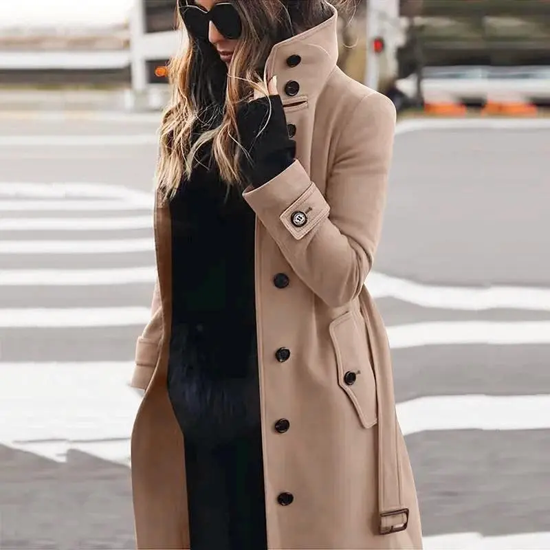 Autumn Winter Slim Fit Woolen Coat Women's Jacket Fitted Minimalist Long Sleeve Basic Casual Outerwear Tops Womenswear with Belt Buckle Button Dressy Essential Dress