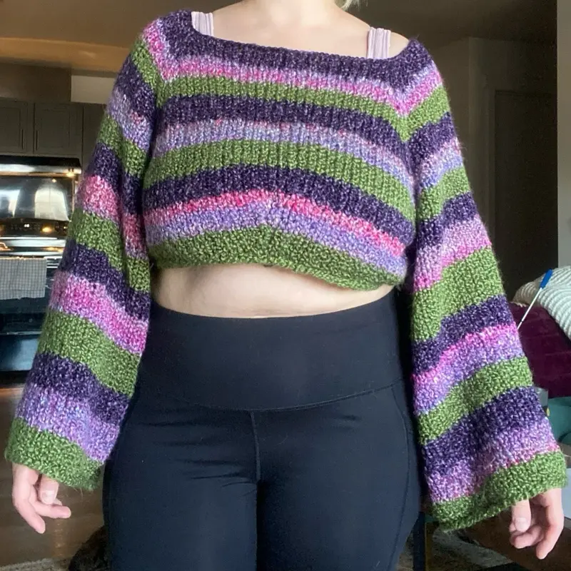 Hand Made Knit Sweater Polyester Size 1X 18-20 Bell Sleeve Striped Purple Green Pink Crop Top Style